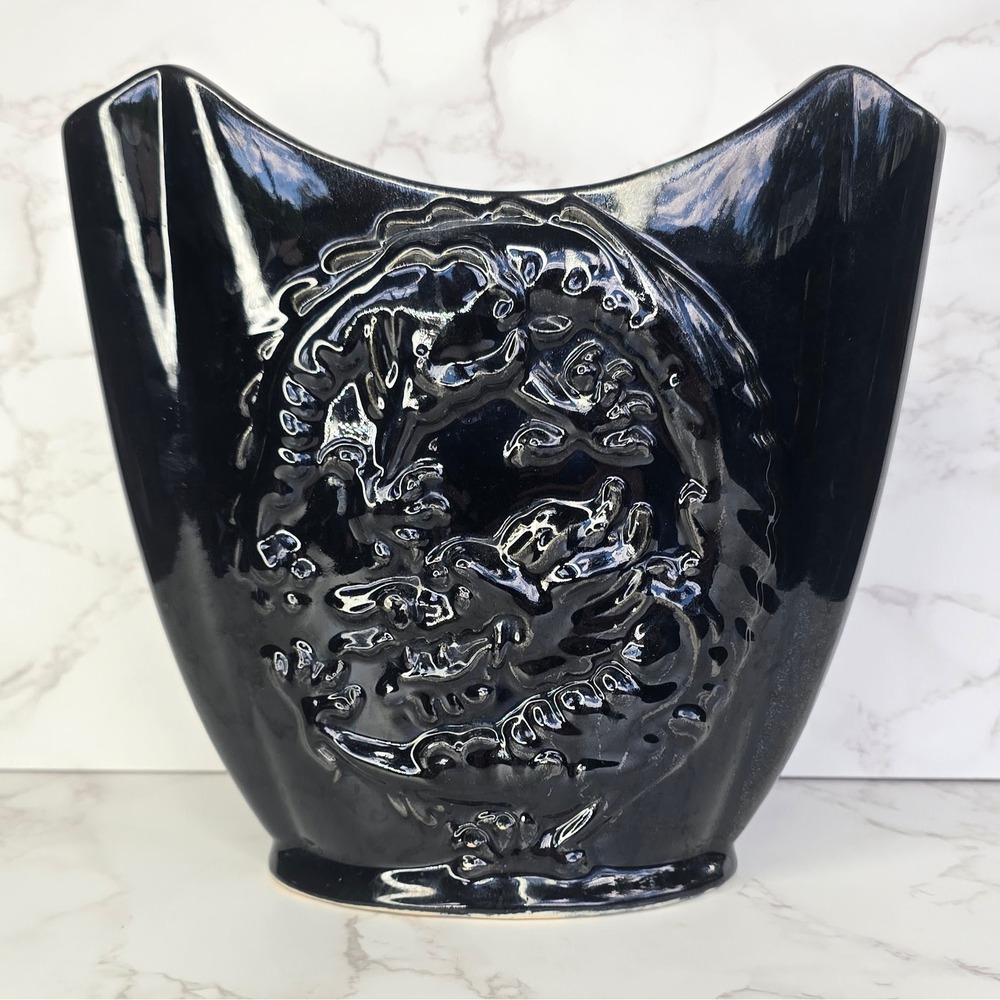 Vintage Brush Pottery USA 226 Black Dragon Vase MCM Asian Decor High Gloss Black
